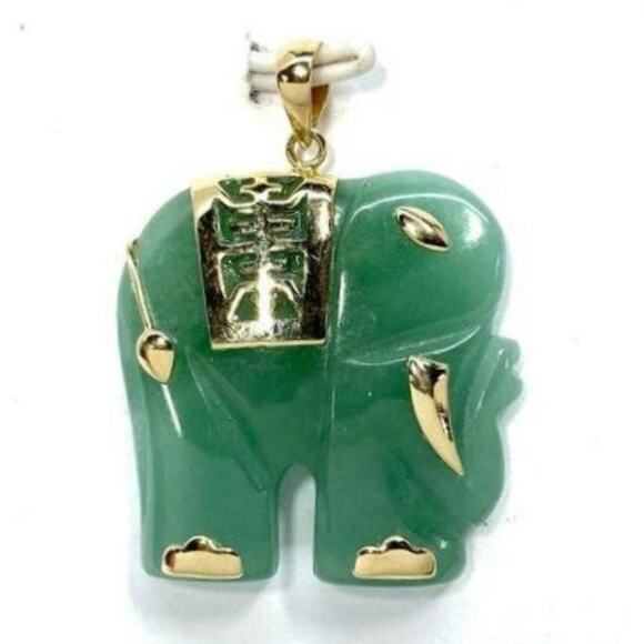 Stamped 14K Yellow Gold Carved Nephrite Jade Elephant Pendant - Picture 2 of 9